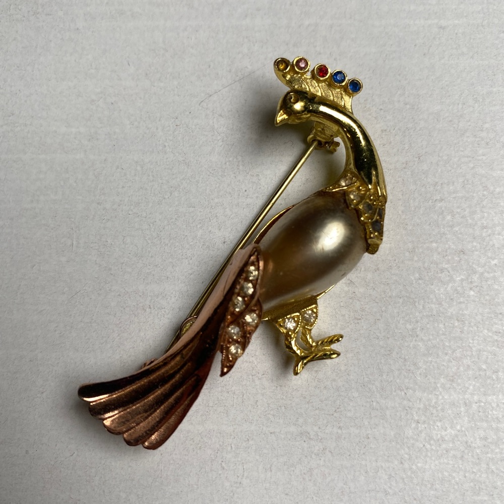 70s/80s Vintage Colorful Rhinestone And Pearl Peacock Pin